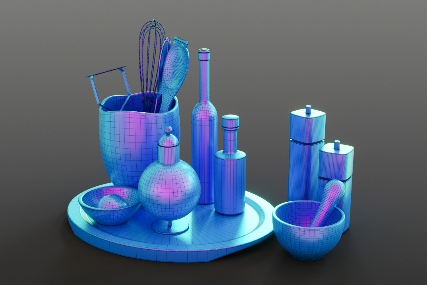 Kitchen accessories on tray 3D model